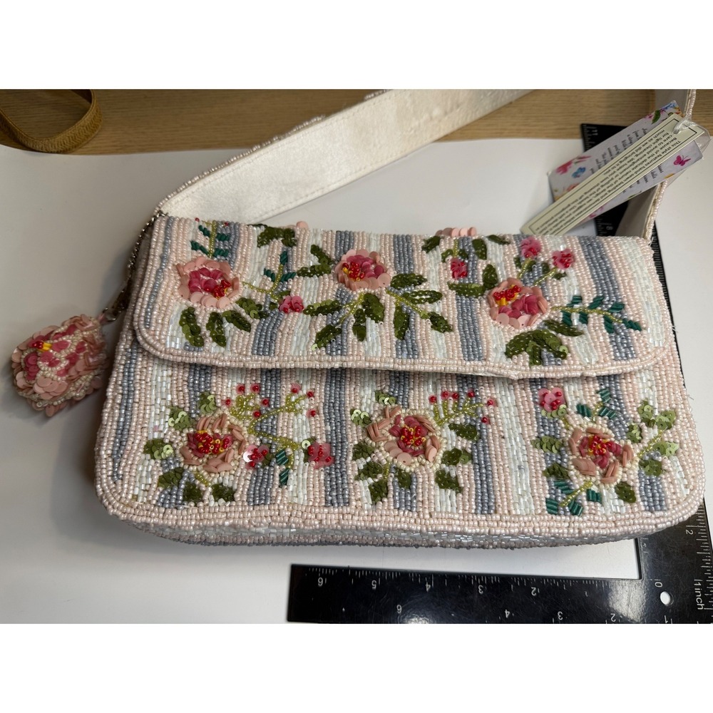 Handcrafted Beaded Floral Striped Shoulder Bag Pink Blue White 3D Flowers